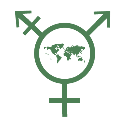 Combined gender icons and a map of the world inside the circle