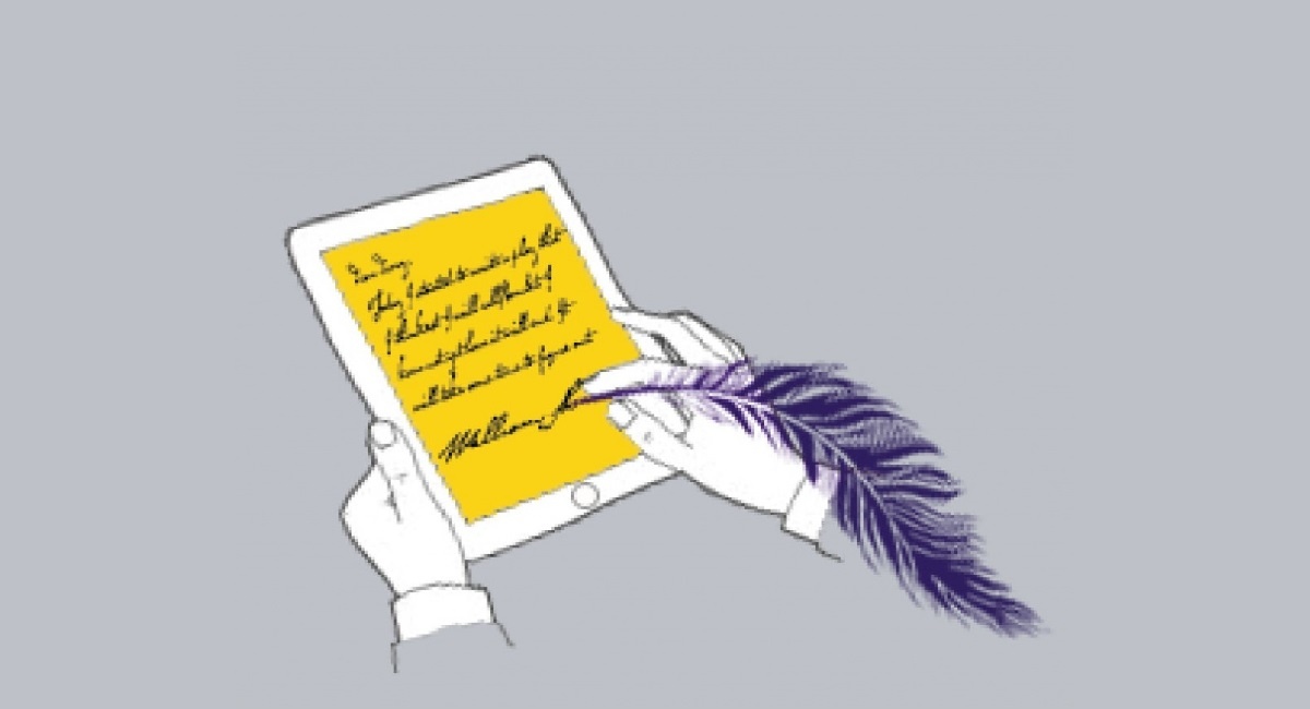 Hands holding a tablet and writing on it with a quill